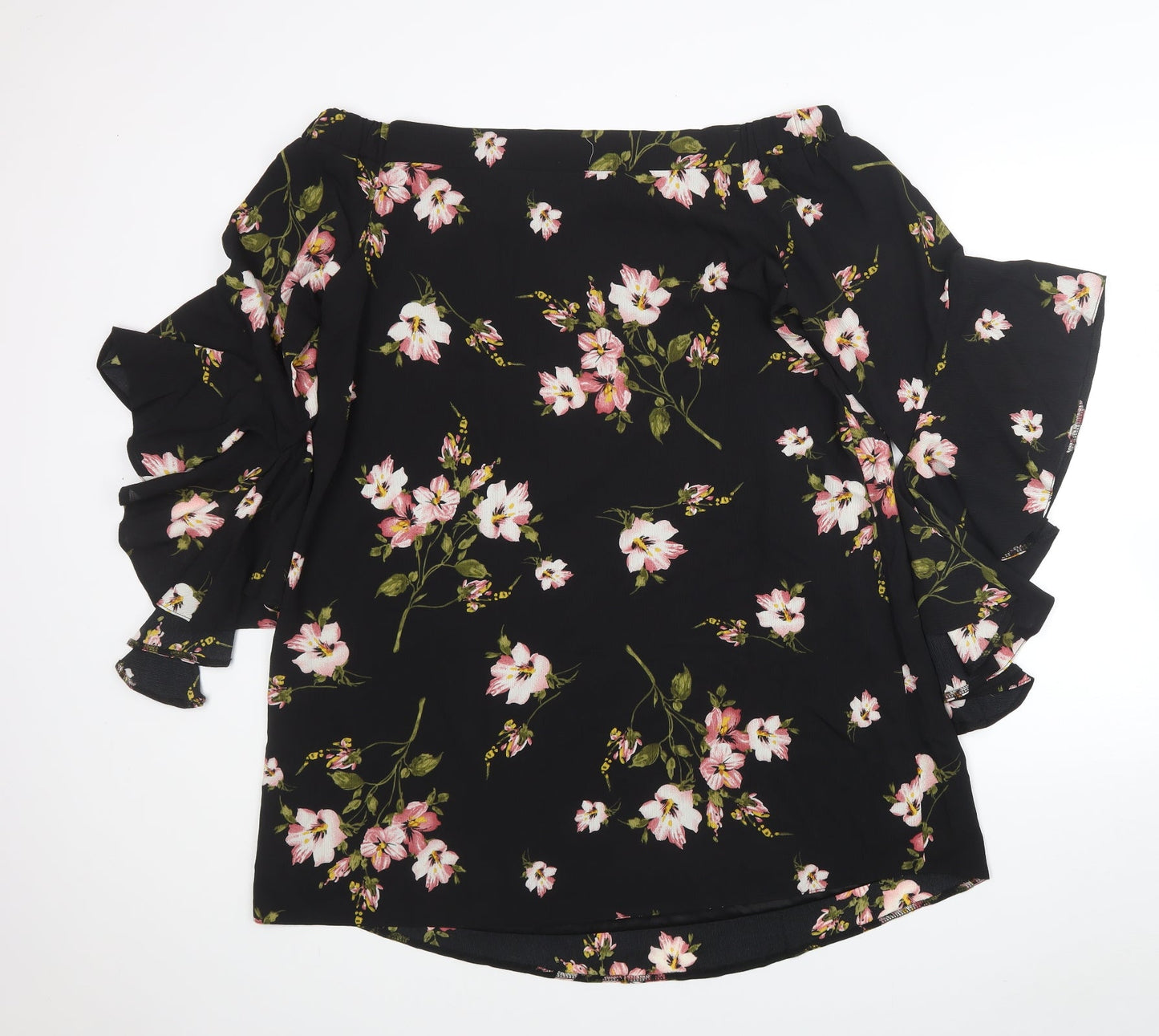 NB Avenue Womens Black Floral Polyester Tunic Blouse Size L Off the Shoulder