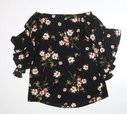 NB Avenue Womens Black Floral Polyester Tunic Blouse Size L Off the Shoulder