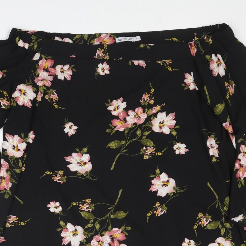 NB Avenue Womens Black Floral Polyester Tunic Blouse Size L Off the Shoulder