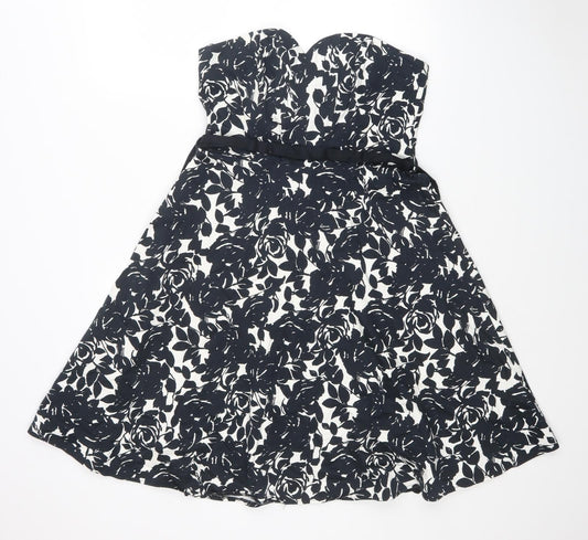 New Look Womens Black Floral Cotton Fit & Flare Size 12 Sweetheart Zip