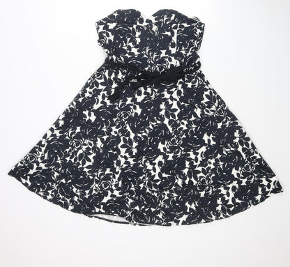 New Look Womens Black Floral Cotton Fit & Flare Size 12 Sweetheart Zip