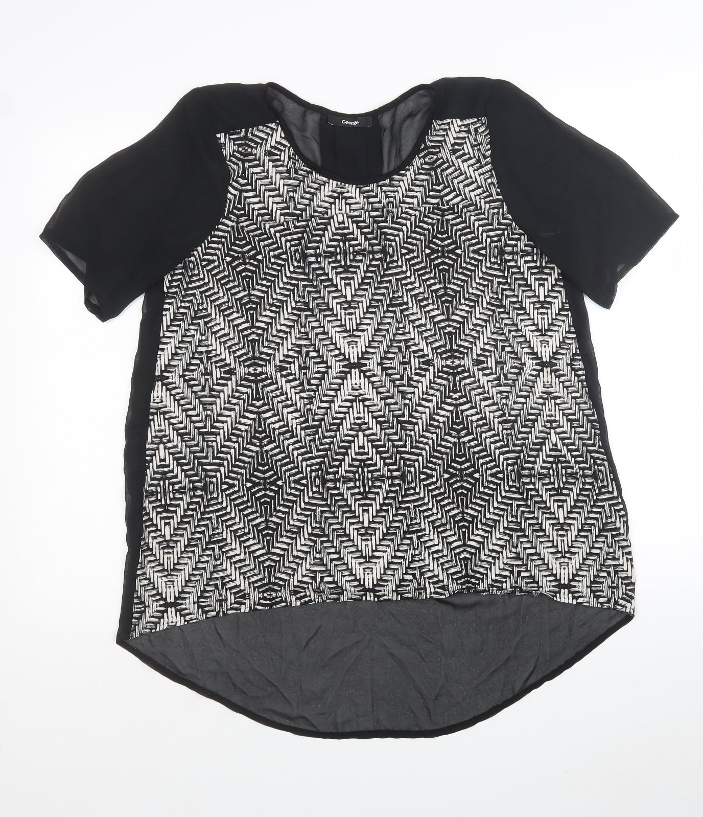 George Womens Black Geometric Polyester Jersey Blouse Size 10 Round Neck