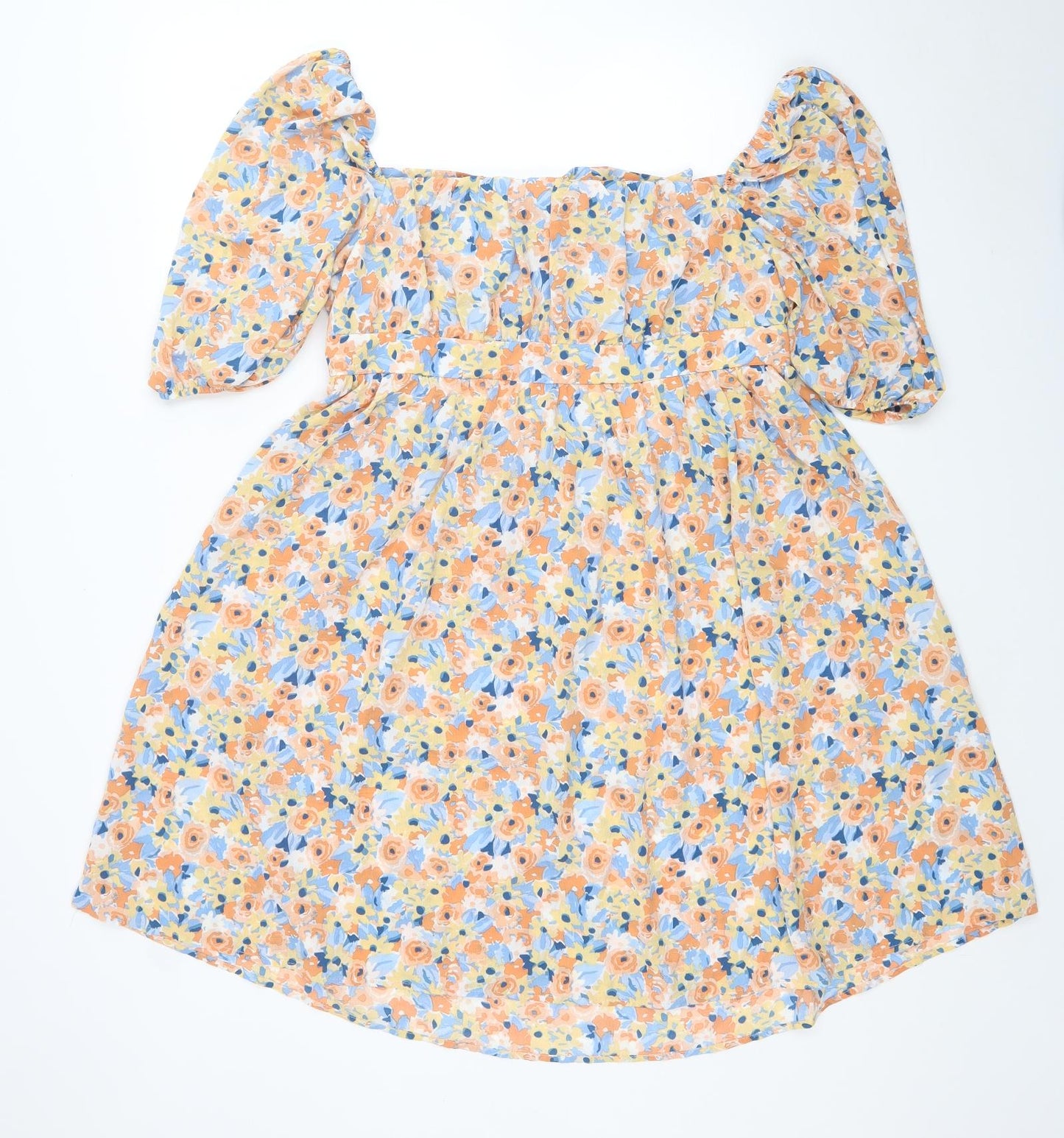 SheIn Womens Yellow Floral Polyester Fit & Flare Size L Square Neck Tie