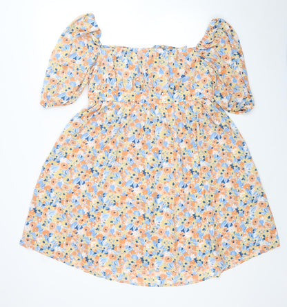 SheIn Womens Yellow Floral Polyester Fit & Flare Size L Square Neck Tie