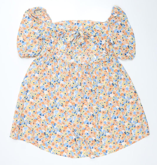 SheIn Womens Yellow Floral Polyester Fit & Flare Size L Square Neck Tie