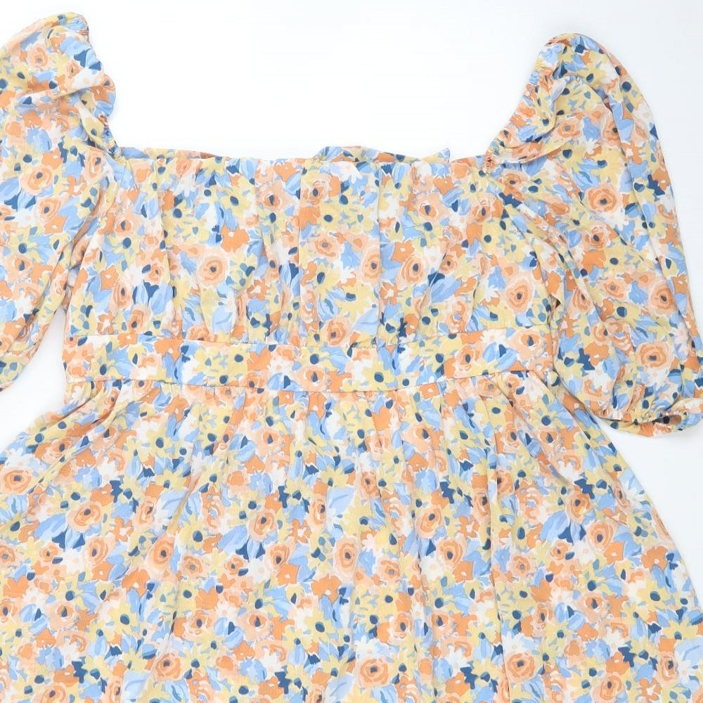 SheIn Womens Yellow Floral Polyester Fit & Flare Size L Square Neck Tie