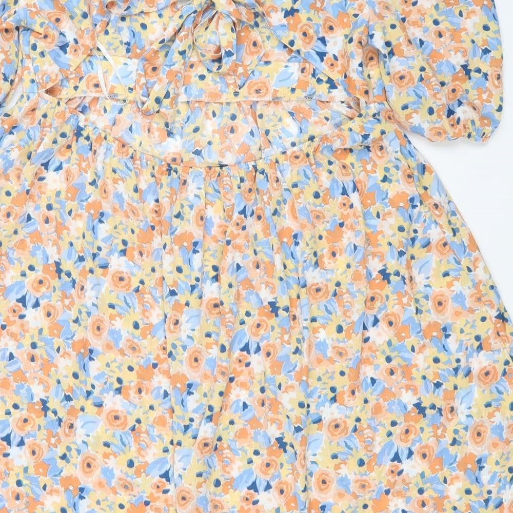 SheIn Womens Yellow Floral Polyester Fit & Flare Size L Square Neck Tie