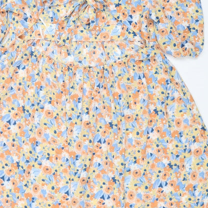 SheIn Womens Yellow Floral Polyester Fit & Flare Size L Square Neck Tie