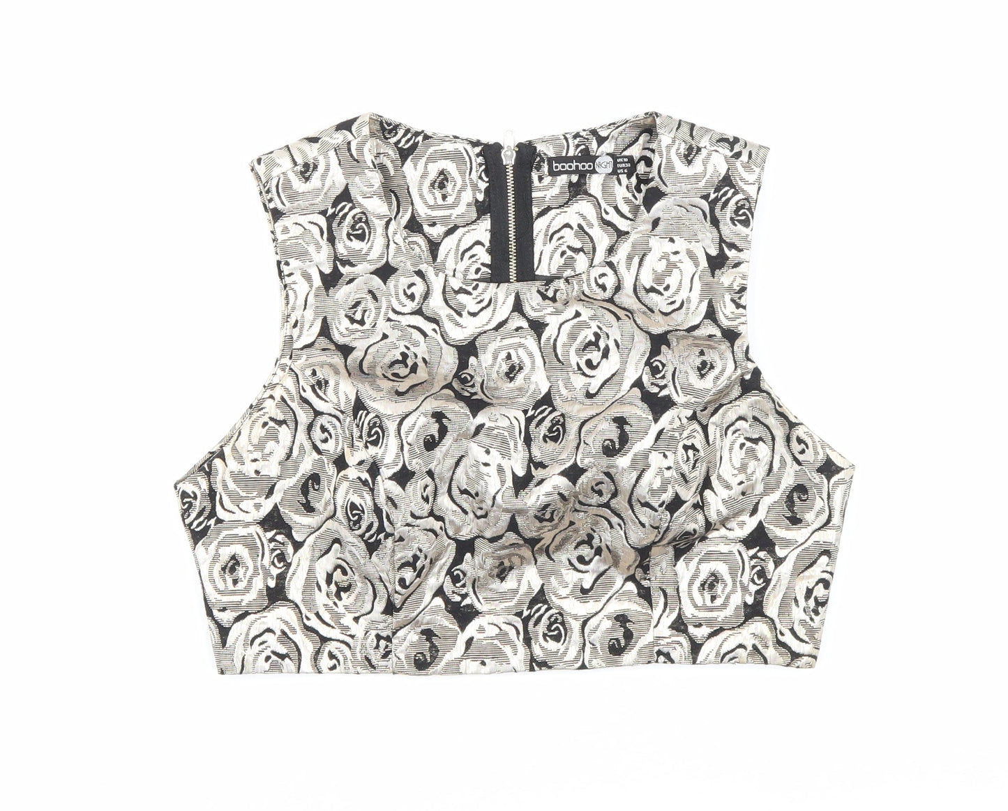 Boohoo Womens Gold Floral Polyester Cropped Blouse Size 10 Scoop Neck