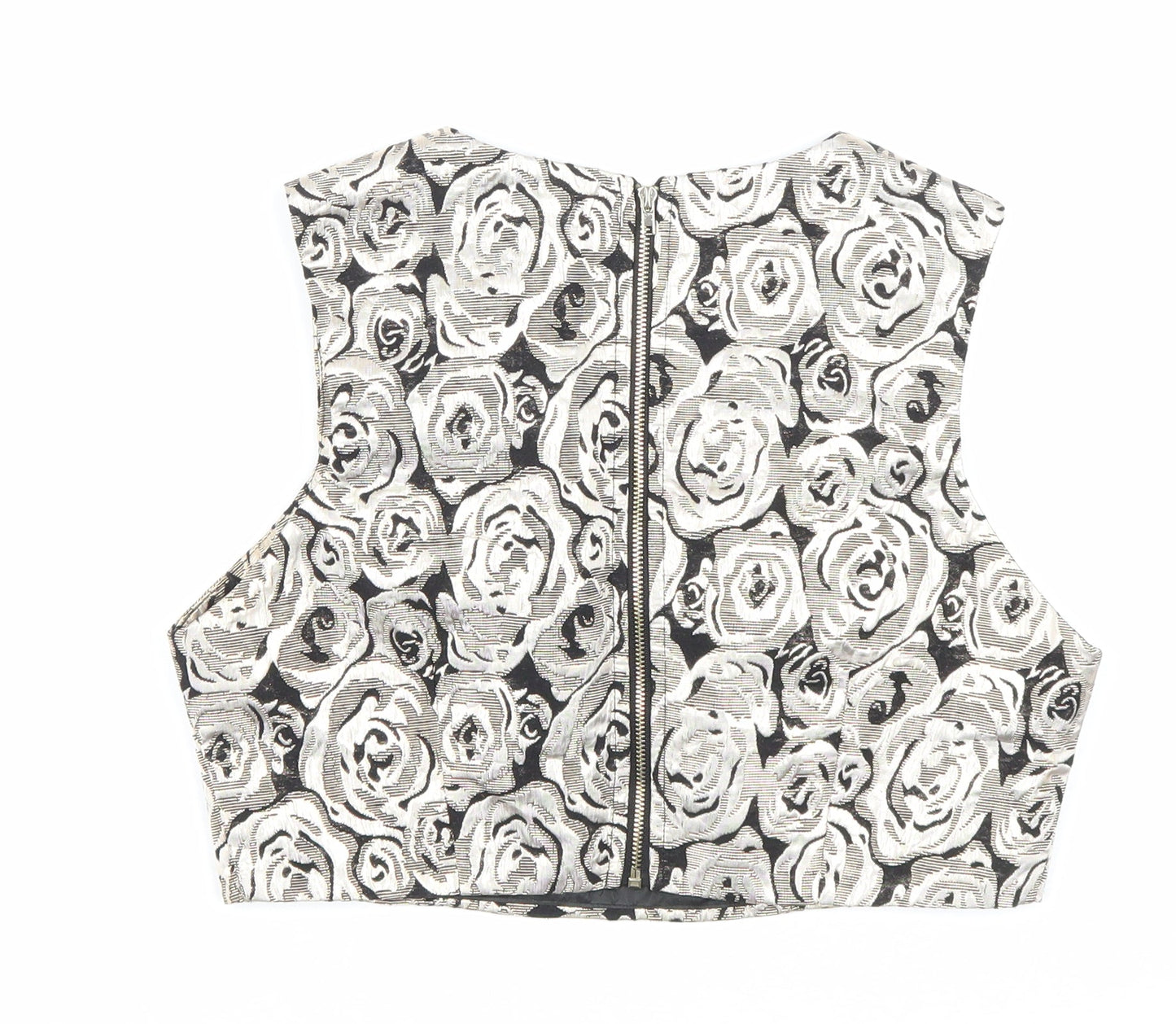 Boohoo Womens Gold Floral Polyester Cropped Blouse Size 10 Scoop Neck