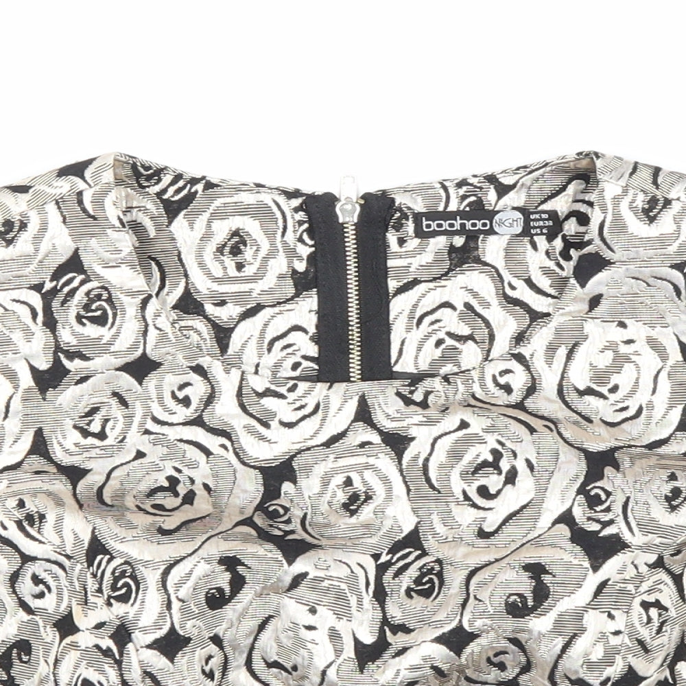 Boohoo Womens Gold Floral Polyester Cropped Blouse Size 10 Scoop Neck