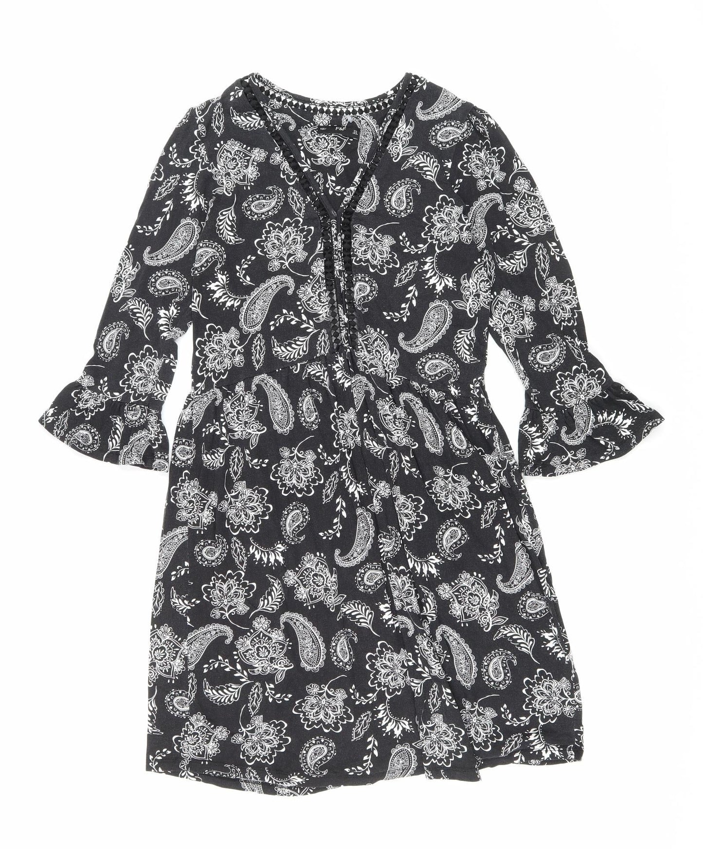 F&F Womens Black Floral Viscose Fit & Flare Size 6 V-Neck Pullover - Lace trim