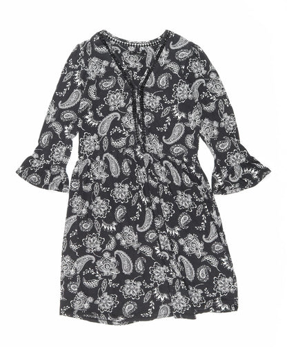 F&F Womens Black Floral Viscose Fit & Flare Size 6 V-Neck Pullover - Lace trim