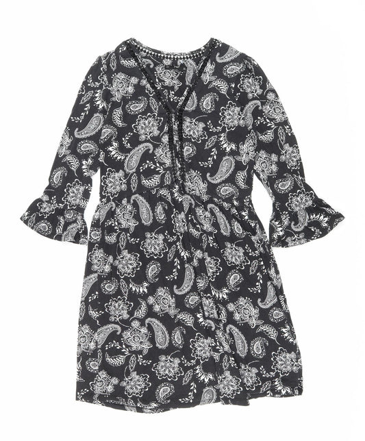 F&F Womens Black Floral Viscose Fit & Flare Size 6 V-Neck Pullover - Lace trim