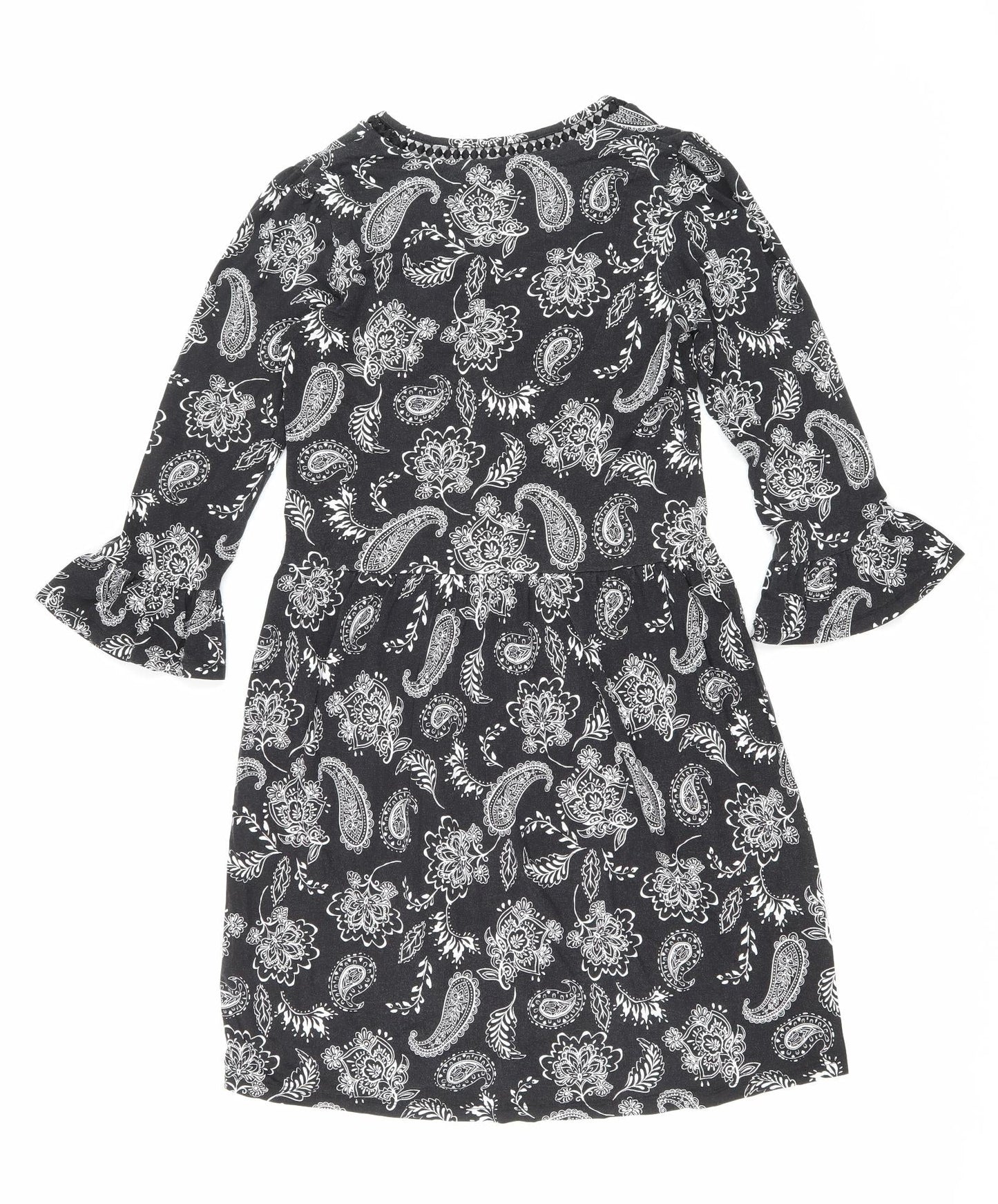 F&F Womens Black Floral Viscose Fit & Flare Size 6 V-Neck Pullover - Lace trim