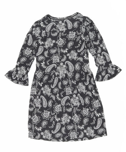 F&F Womens Black Floral Viscose Fit & Flare Size 6 V-Neck Pullover - Lace trim