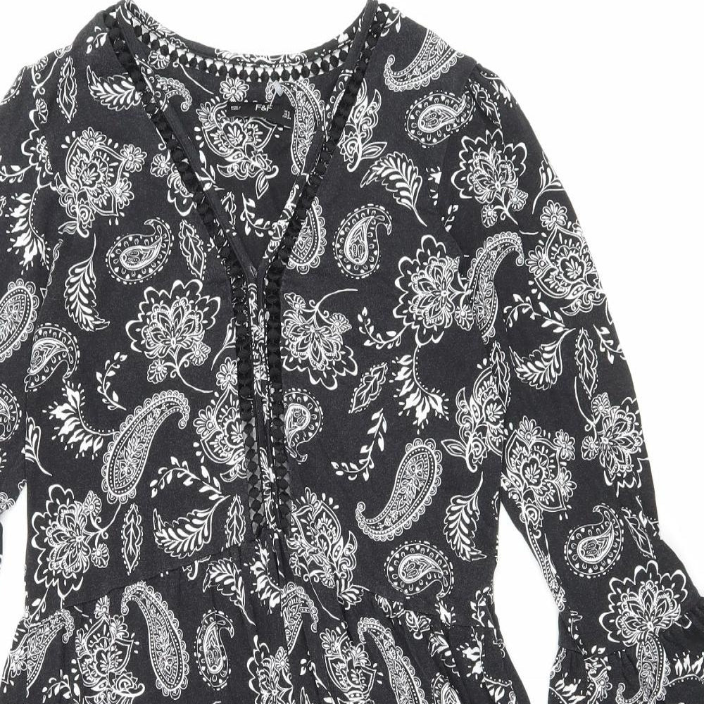 F&F Womens Black Floral Viscose Fit & Flare Size 6 V-Neck Pullover - Lace trim