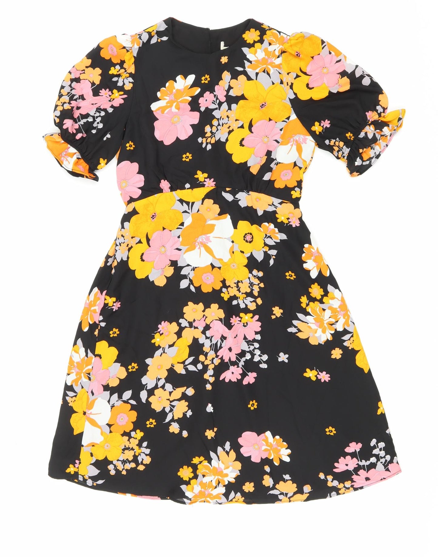 Preworn Womens Black Floral Polyester Fit & Flare Size 6 Round Neck Button