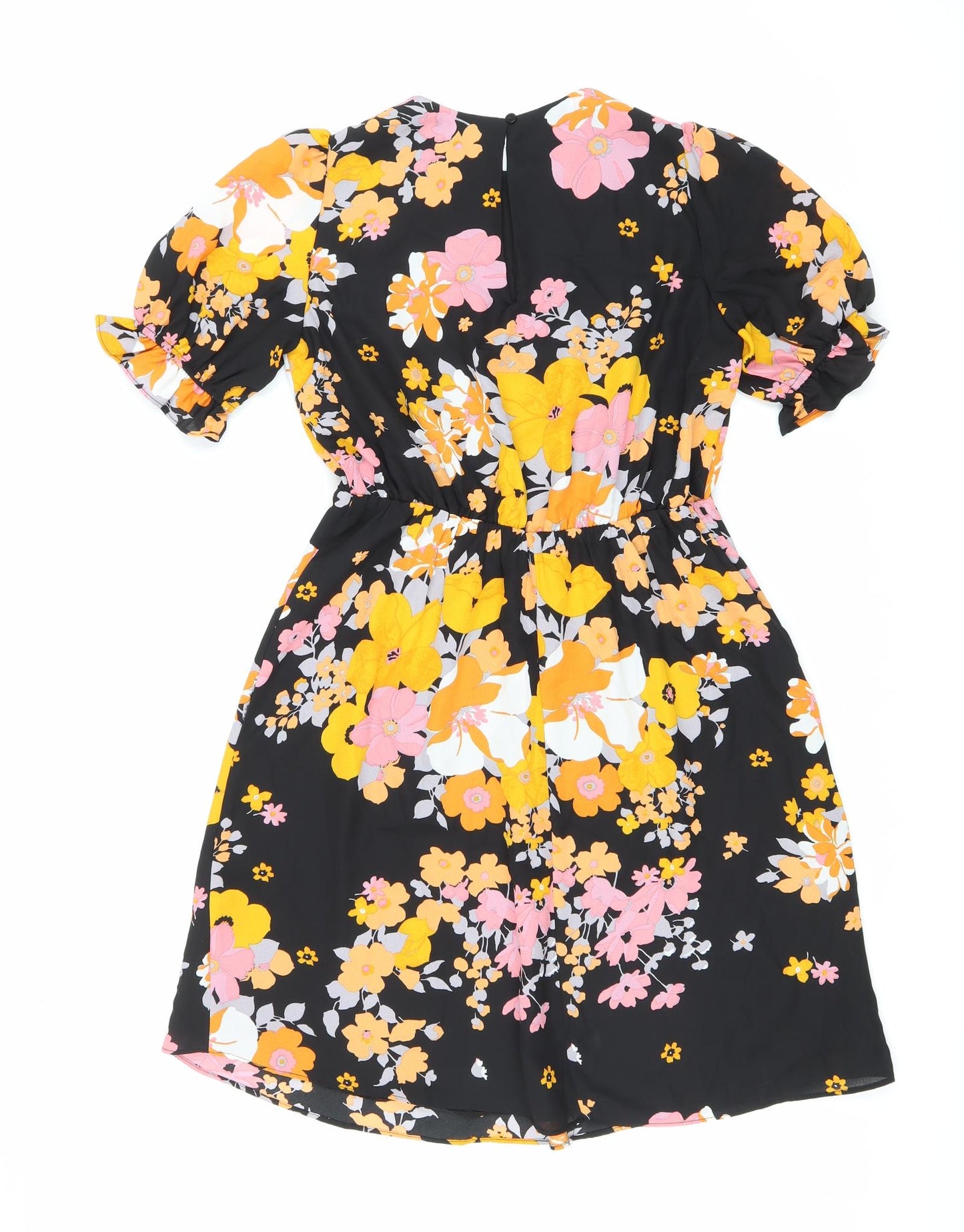 Preworn Womens Black Floral Polyester Fit & Flare Size 6 Round Neck Button