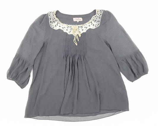 Darling Womens Grey Polyester Basic Blouse Size L Scoop Neck - Lace trim