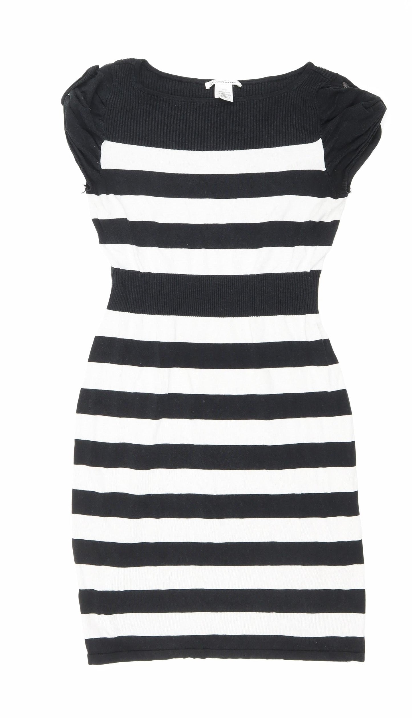 Kenneth Cole Womens Black Striped Viscose Bodycon Size S Boat Neck Pullover