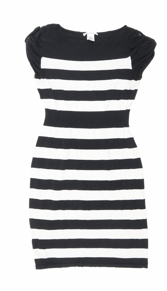 Kenneth Cole Womens Black Striped Viscose Bodycon Size S Boat Neck Pullover