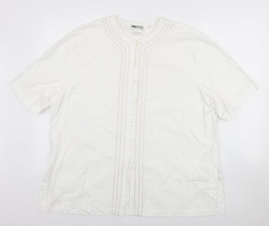 Russ Mens White Cotton Button-Up Size L Round Neck Button