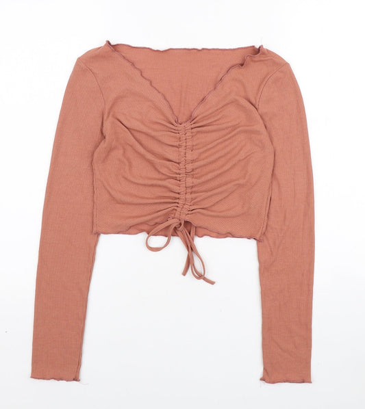 SheIn Womens Brown Polyester Basic Blouse Size S V-Neck - Ruched front