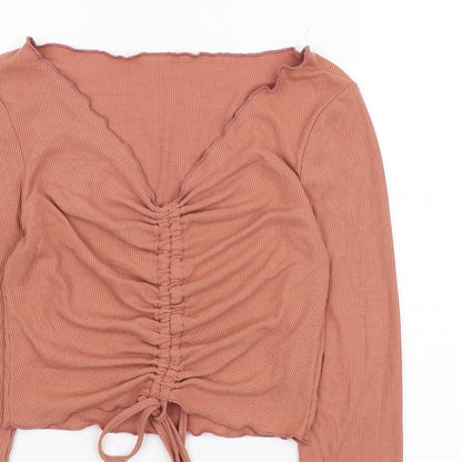 SheIn Womens Brown Polyester Basic Blouse Size S V-Neck - Ruched front