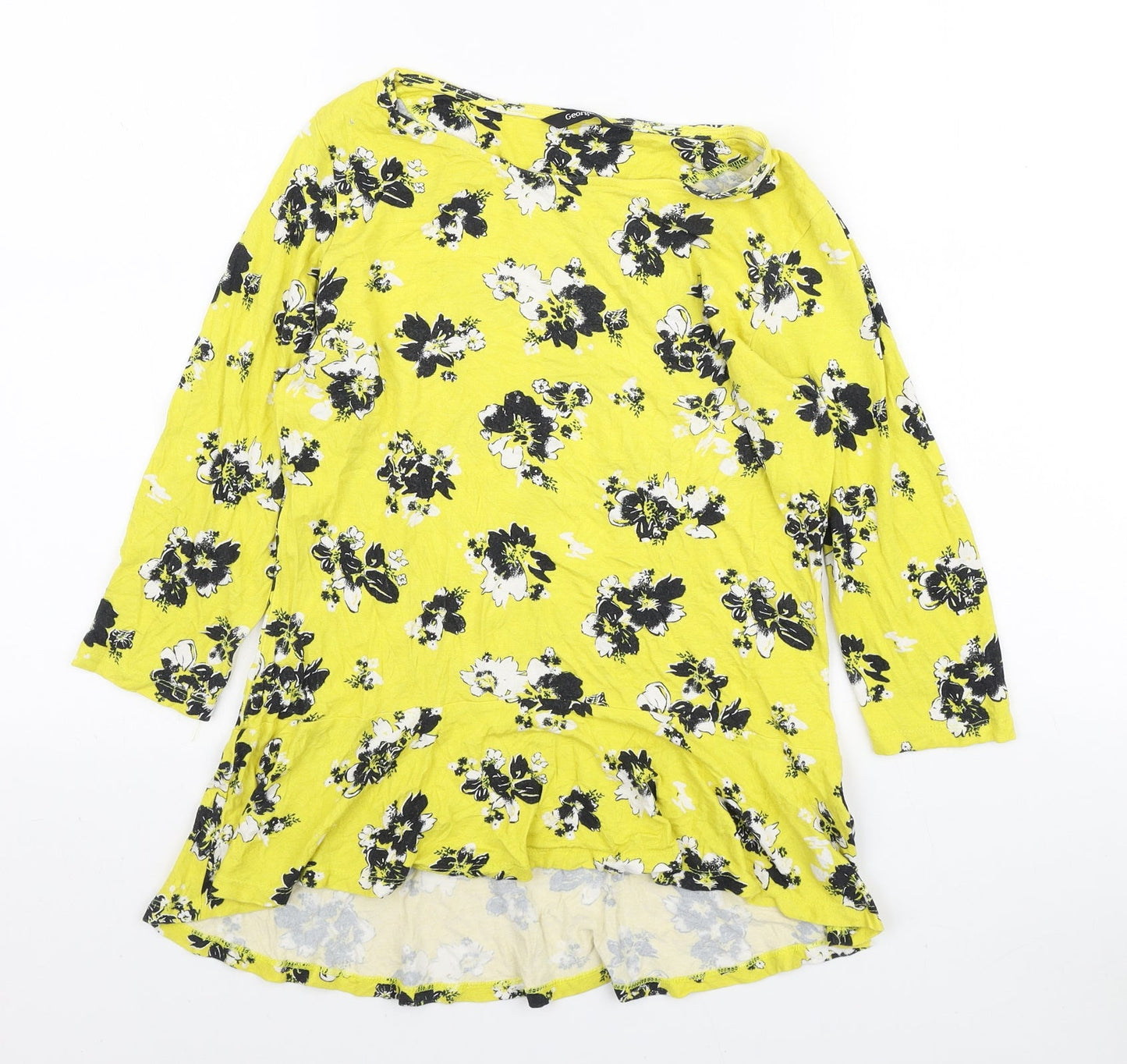 George Womens Yellow Floral Viscose Basic T-Shirt Size 12 Boat Neck