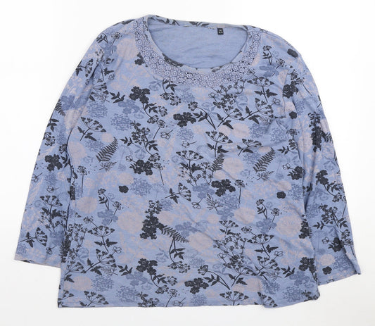 EWM Womens Blue Floral Polyester Basic T-Shirt Size M Round Neck - Lace Neckline