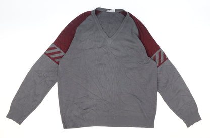 Pierre Sangan Mens Grey V-Neck Striped Acrylic Pullover Jumper Size M