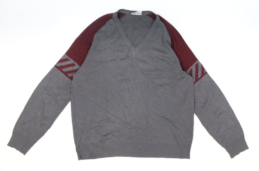 Pierre Sangan Mens Grey V-Neck Striped Acrylic Pullover Jumper Size M