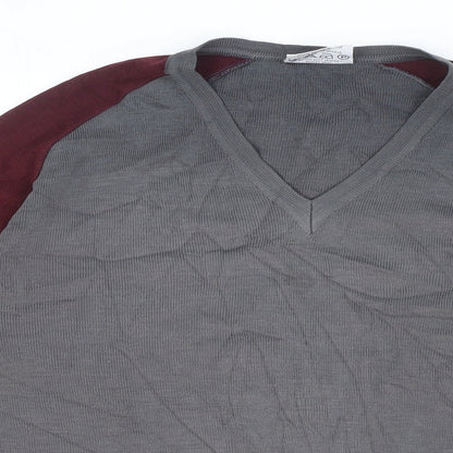 Pierre Sangan Mens Grey V-Neck Striped Acrylic Pullover Jumper Size M