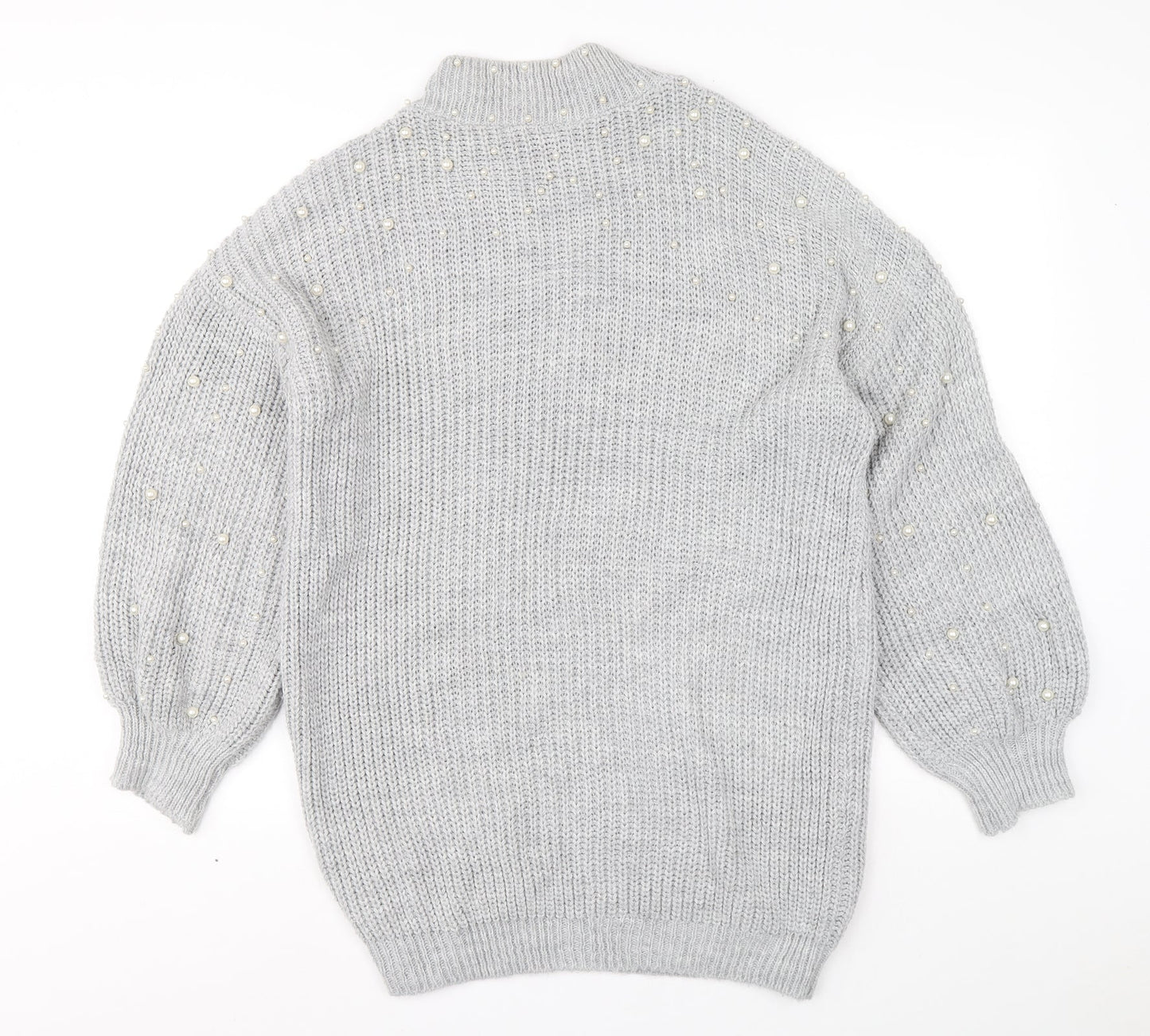 Quiz Womens Grey Acrylic Jumper Dress Size S Mock Neck Pullover - Ballooon sleeve