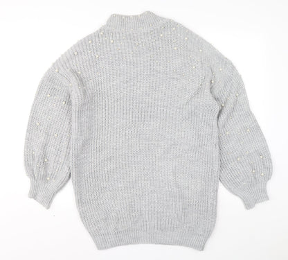 Quiz Womens Grey Acrylic Jumper Dress Size S Mock Neck Pullover - Ballooon sleeve