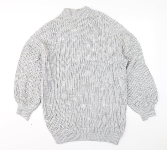 Quiz Womens Grey Acrylic Jumper Dress Size S Mock Neck Pullover - Ballooon sleeve