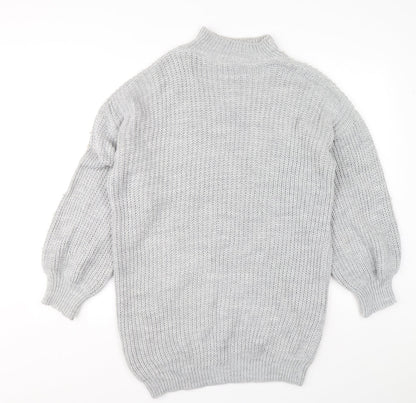 Quiz Womens Grey Acrylic Jumper Dress Size S Mock Neck Pullover - Ballooon sleeve