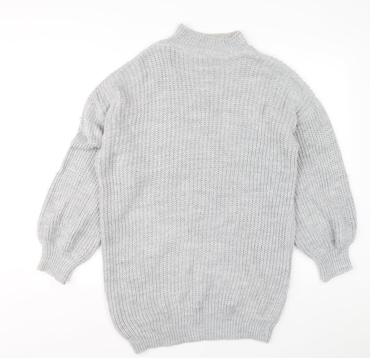 Quiz Womens Grey Acrylic Jumper Dress Size S Mock Neck Pullover - Ballooon sleeve