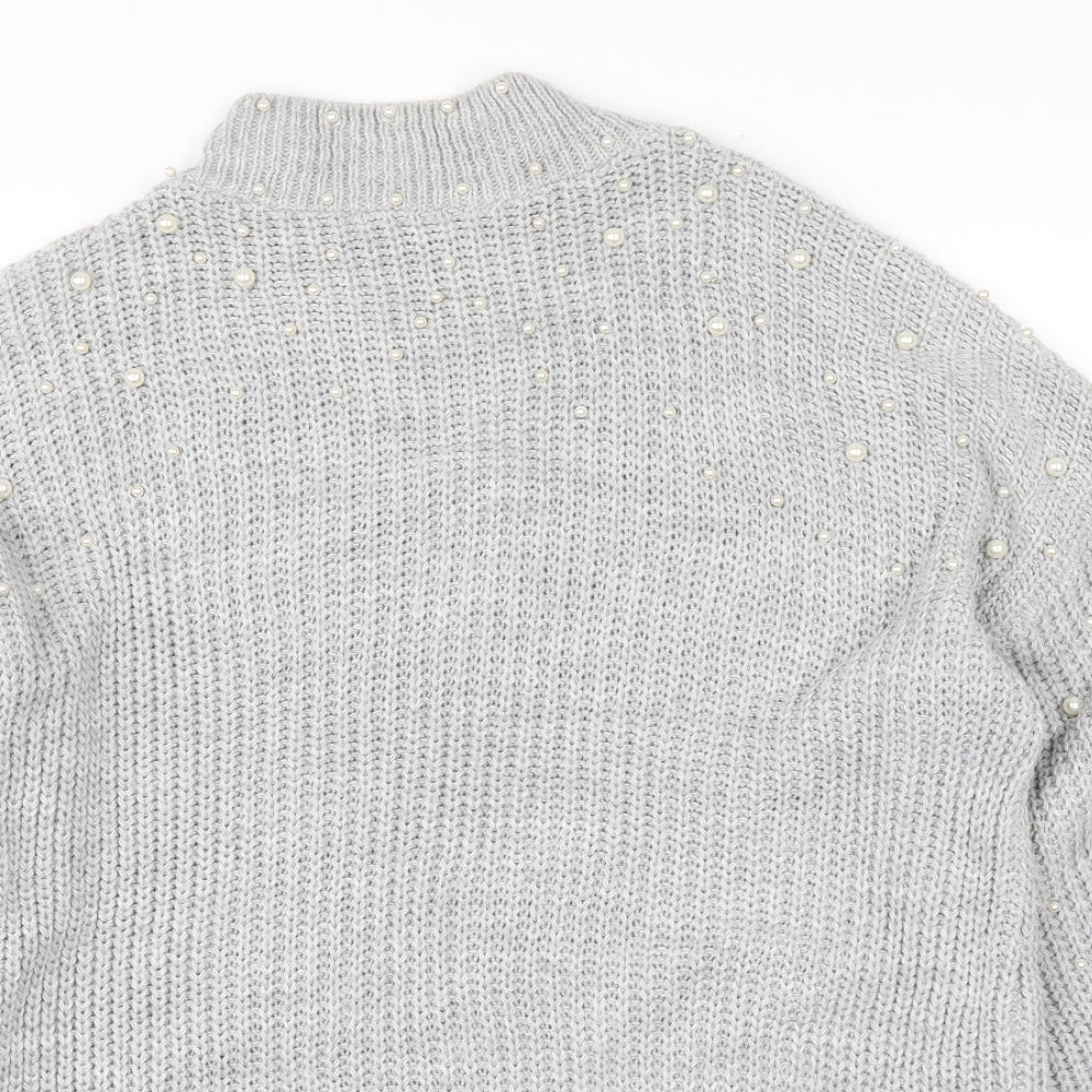 Quiz Womens Grey Acrylic Jumper Dress Size S Mock Neck Pullover - Ballooon sleeve