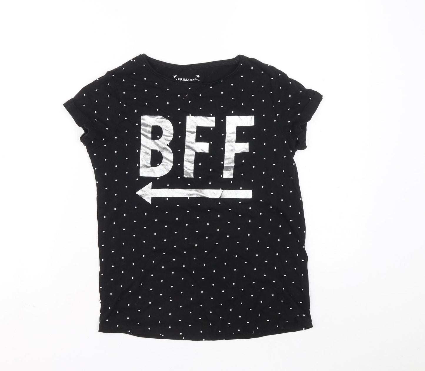 Primark Girls Black Polka Dot Cotton Basic T-Shirt Size 11-12 Years Round Neck Pullover - BFF