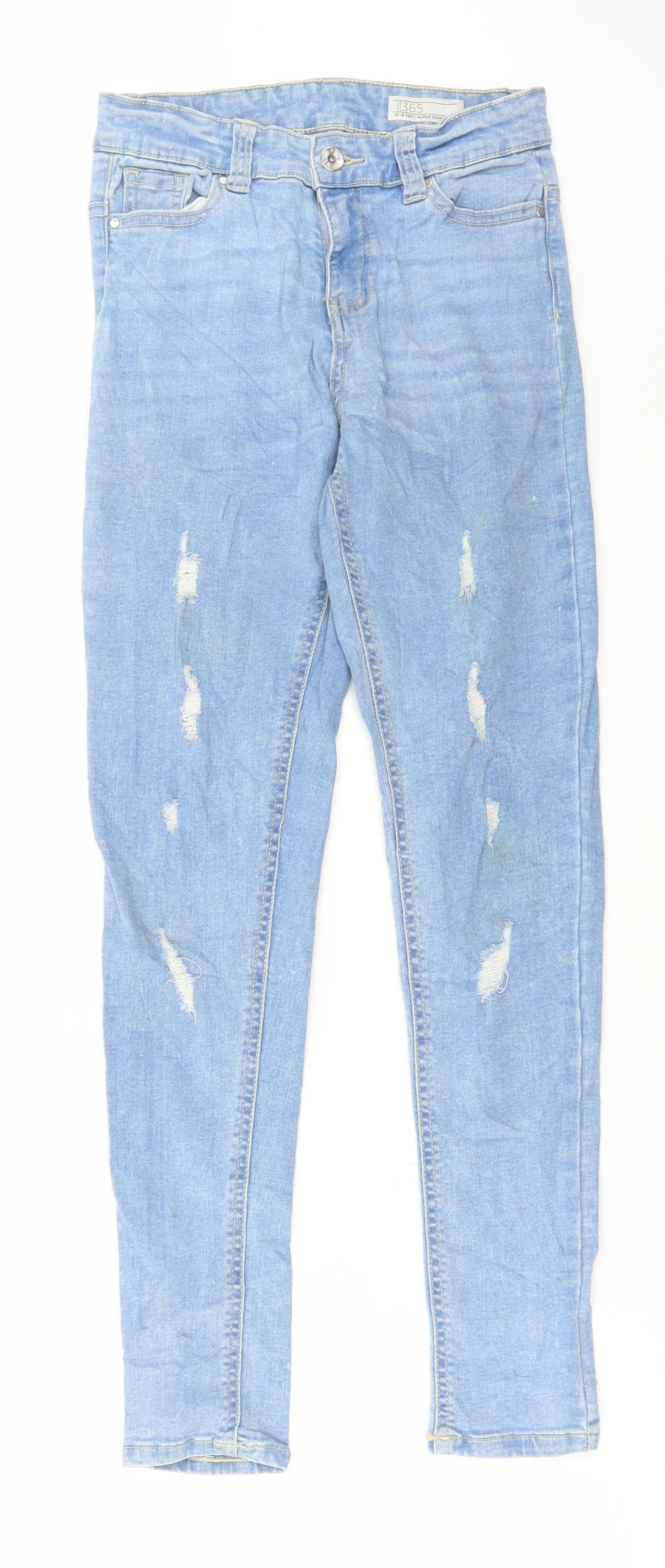 Denim 365 Girls Blue Cotton Skinny Jeans Size 13-14 Years Regular Button - Distressed Denim