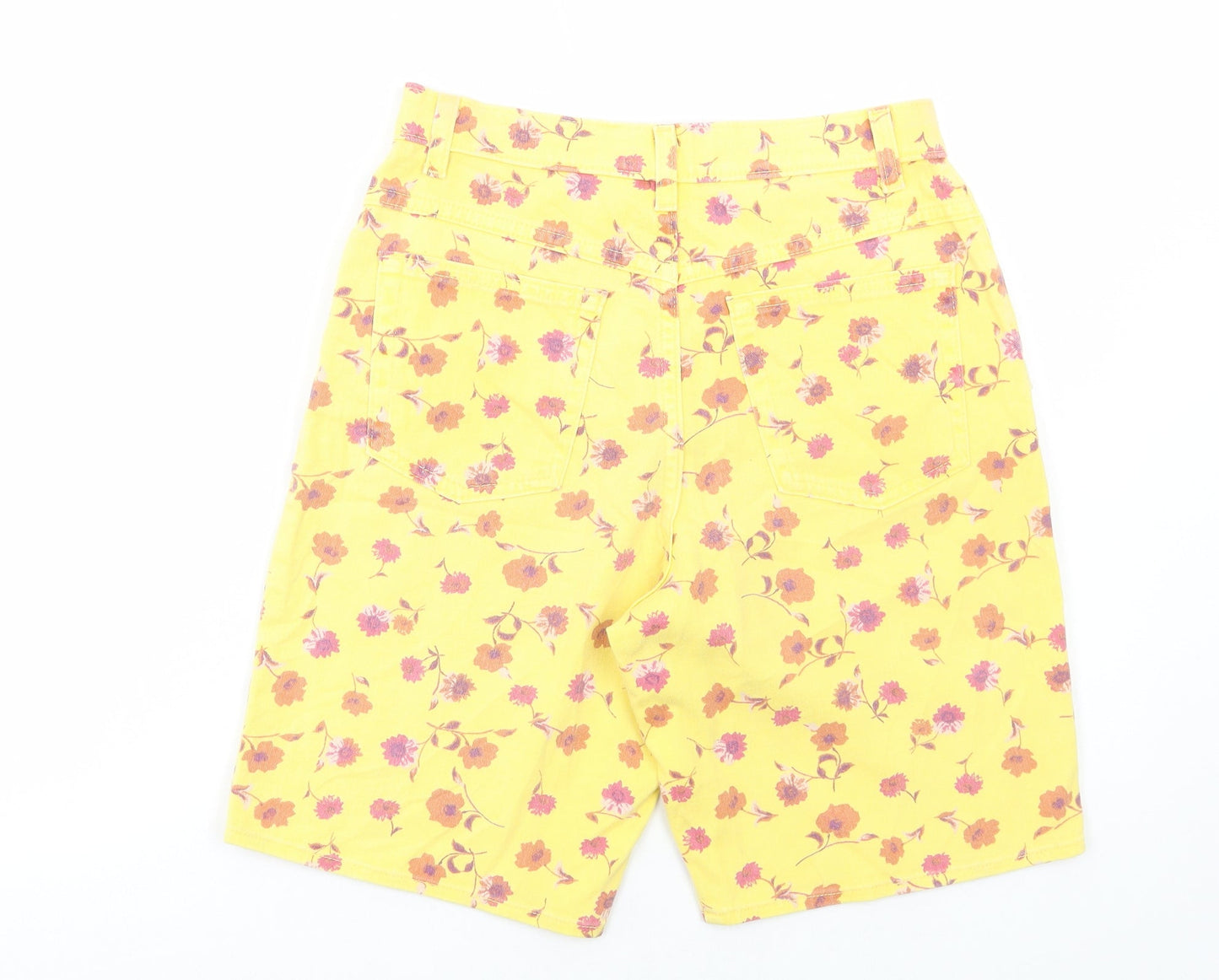 Marks and Spencer Womens Yellow Floral Cotton Bermuda Shorts Size 12 L8 in Regular Button