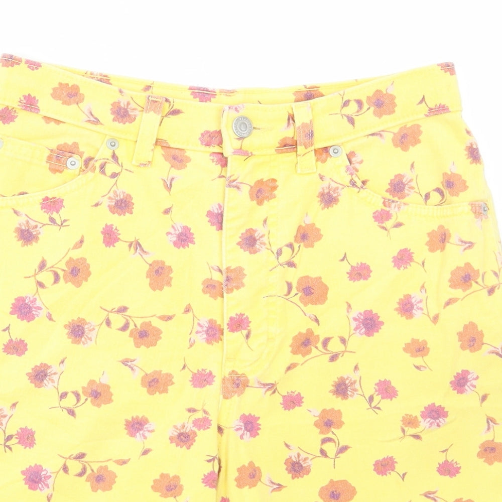 Marks and Spencer Womens Yellow Floral Cotton Bermuda Shorts Size 12 L8 in Regular Button