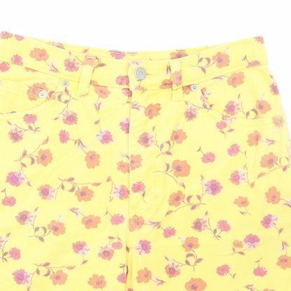 Marks and Spencer Womens Yellow Floral Cotton Bermuda Shorts Size 12 L8 in Regular Button