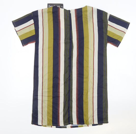Boohoo Womens Multicoloured Striped Polyester Tunic Blouse Size 10 Round Neck