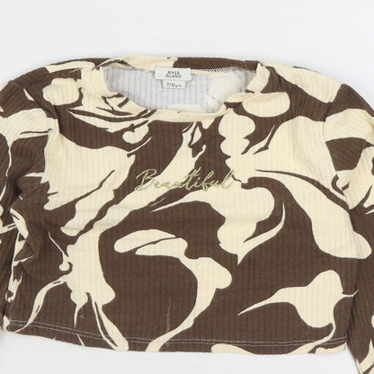 River Island Girls Brown Geometric Cotton Basic T-Shirt Size 7-8 Years Round Neck Pullover - Beautiful