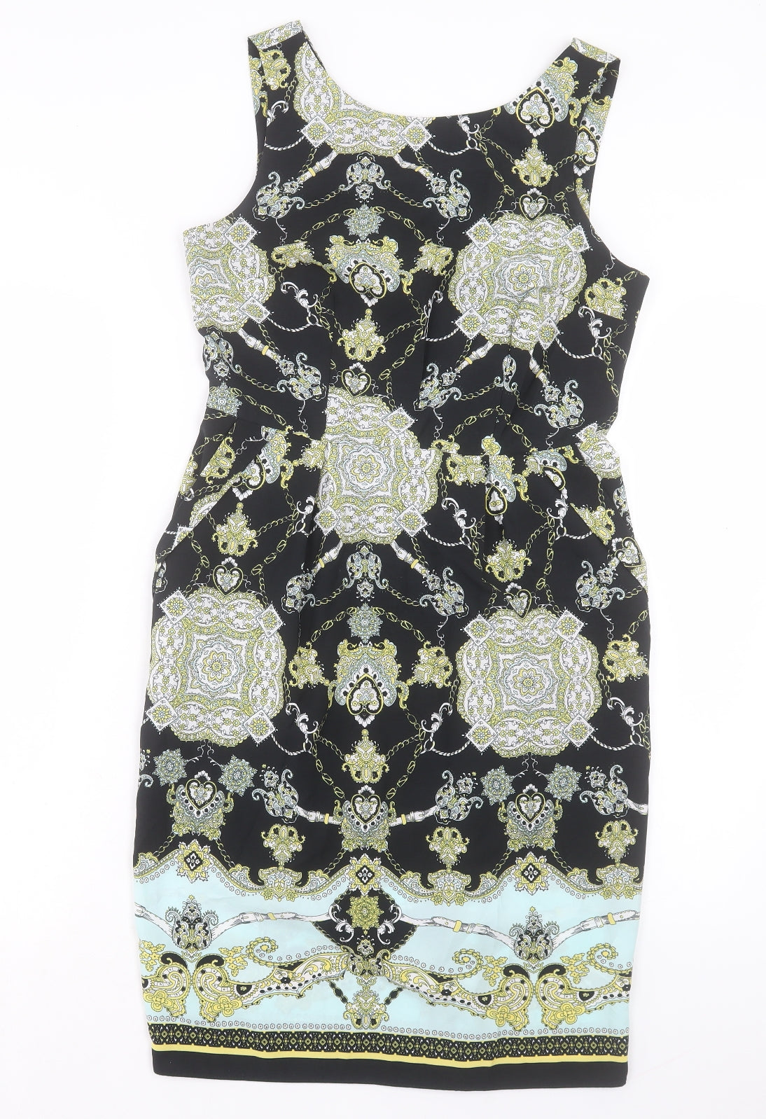 Dorothy Perkins Womens Black Paisley Polyester A-Line Size 10 Boat Neck Zip