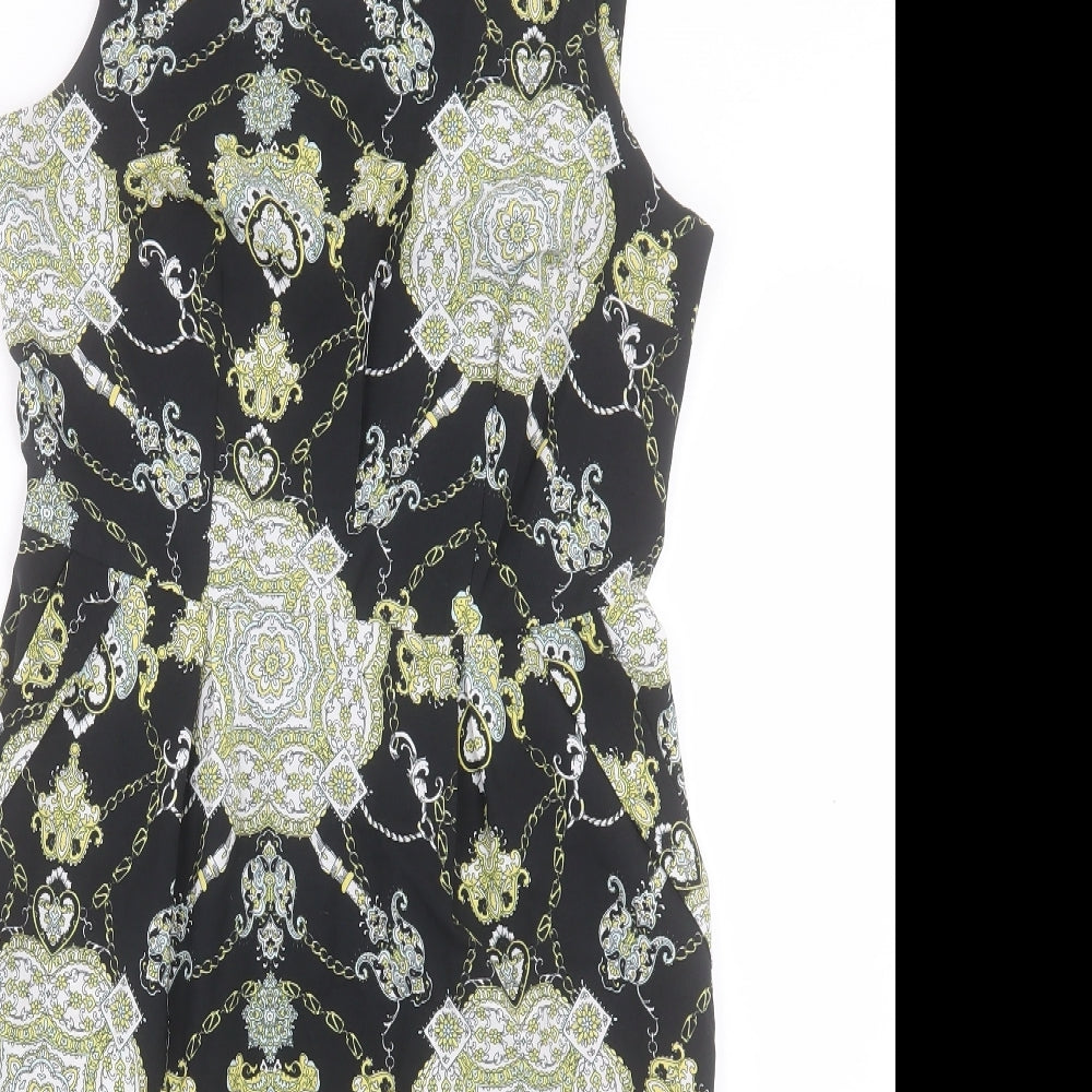 Dorothy Perkins Womens Black Paisley Polyester A-Line Size 10 Boat Neck Zip