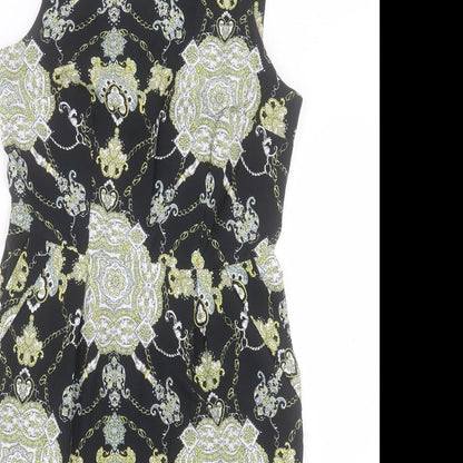 Dorothy Perkins Womens Black Paisley Polyester A-Line Size 10 Boat Neck Zip